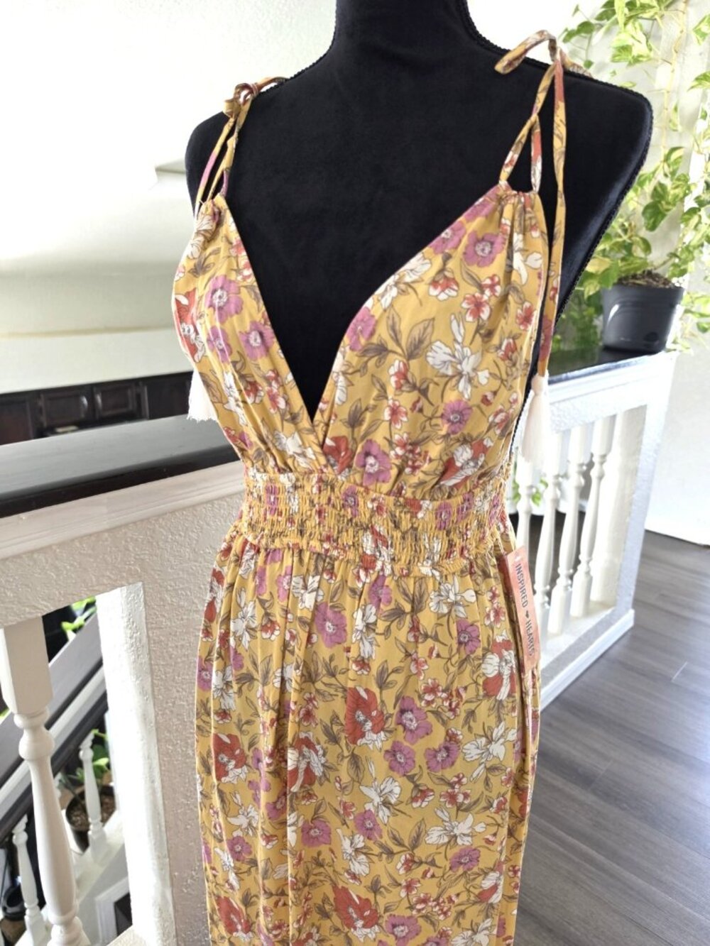 Inspired Hearts Yellow Floral V-Neck Tassel Tie Strappy Maxi Dress Womens L - Picture 8 of 10